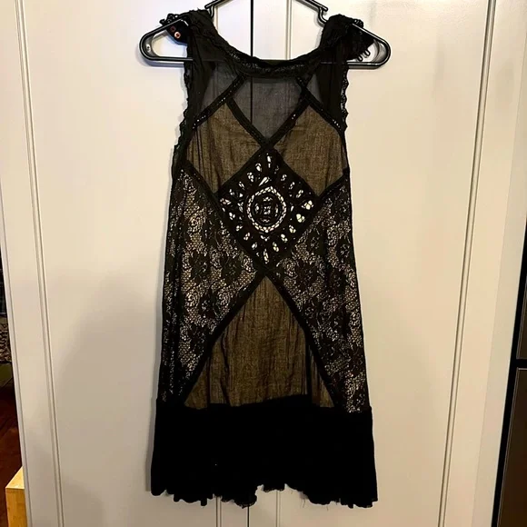 Free People SM Angel Mini Dress Sheer Black Gauze Cotton Boho Crochet Lace - Picture 2 of 8